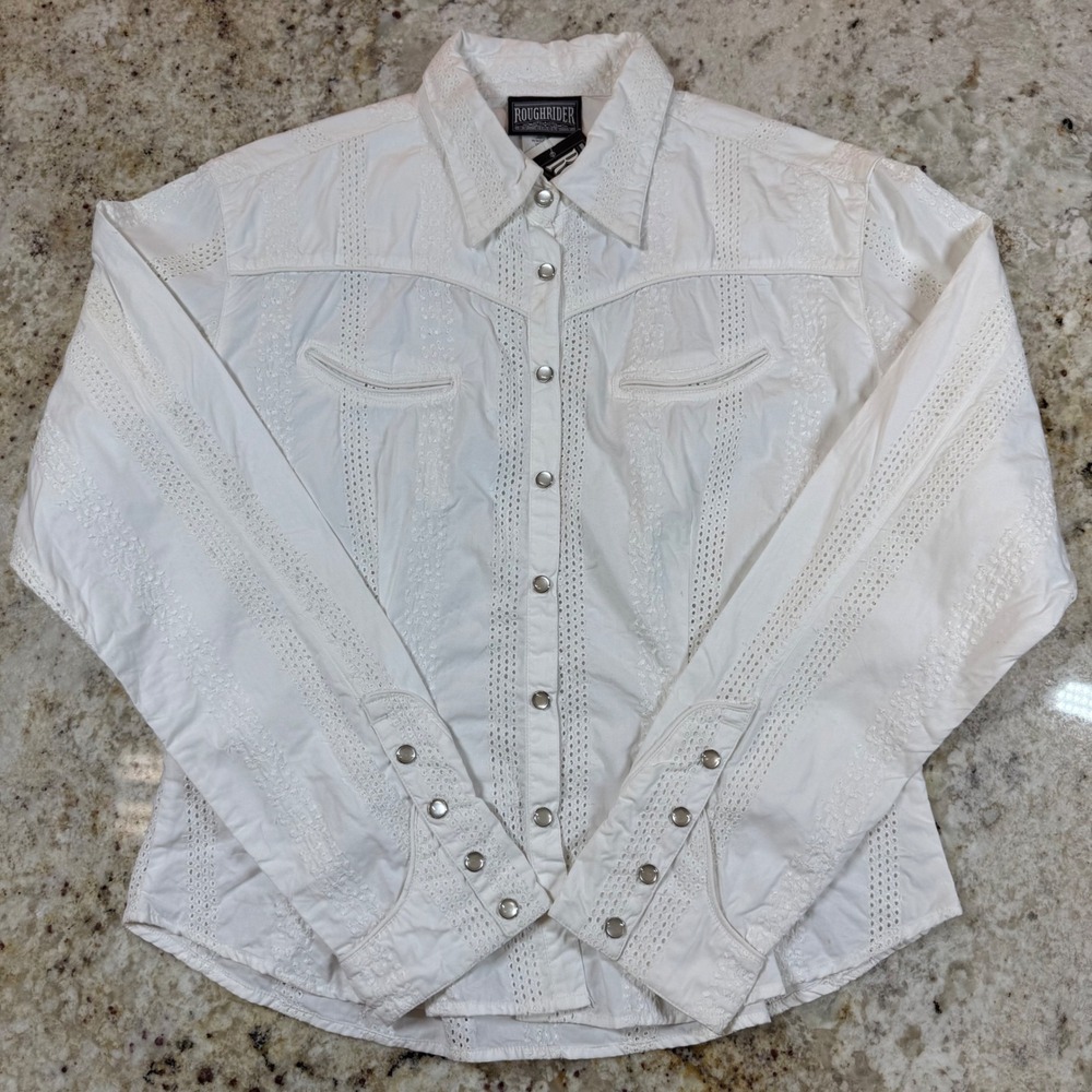 Vintage Roughrider by Circle T White Eyelet Lace Pearl Snap Western Shirt L